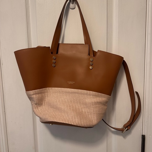 NWOT Lia Numa genuine leather and straw minimalistic handbag with shoulder strap - Picture 1 of 7